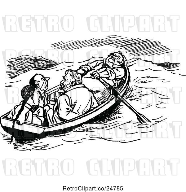 Vector Clip Art of Retro Boat with Four Men