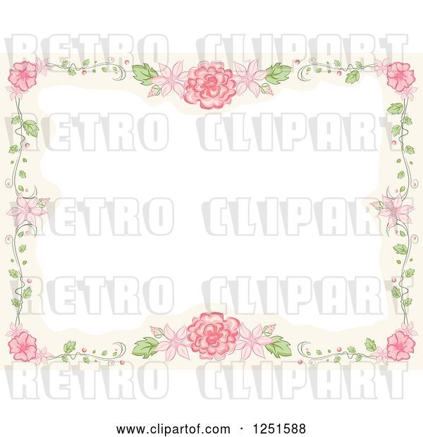 Vector Clip Art of Retro Boder of Vines and Pink Flowers