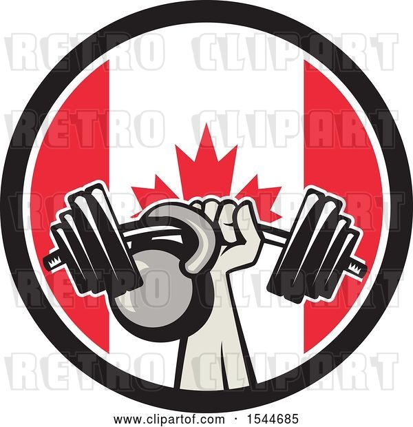 Vector Clip Art of Retro Bodybuilder Arm Holding up a Bent Barbell and Kettlebell in a Canadian Flag Circle