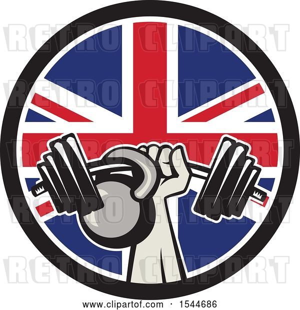 Vector Clip Art of Retro Bodybuilder Arm Holding up a Bent Barbell and Kettlebell in a Union Jack Flag Circle