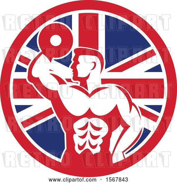 Vector Clip Art of Retro Bodybuilder Doing Bicep Curls with a Dumbbell in a Union Jack Flag Circle