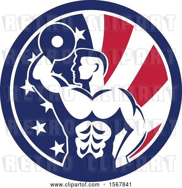 Vector Clip Art of Retro Bodybuilder Doing Bicep Curls with a Dumbbell in an American Flag Circle