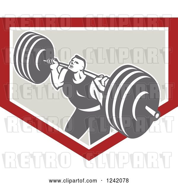 Vector Clip Art of Retro Bodybuilder Doing Squats with Dumbbells in a Shield