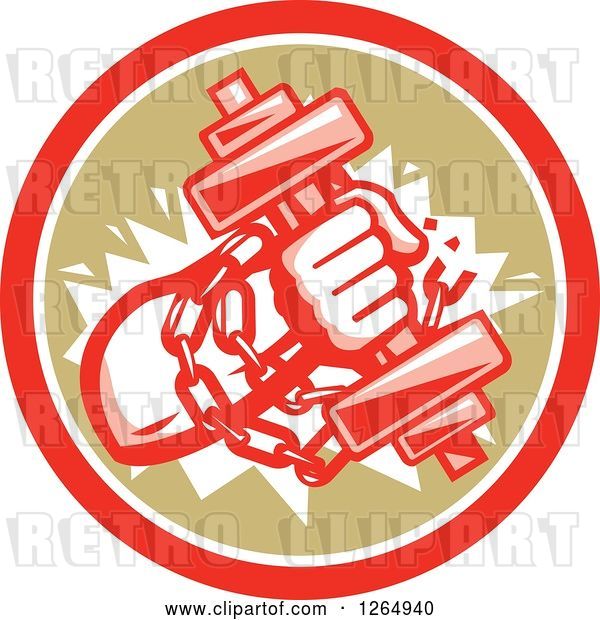 Vector Clip Art of Retro Bodybuilder Hand Holding a Dumbbell and Chains in a Red White and Brown Circle