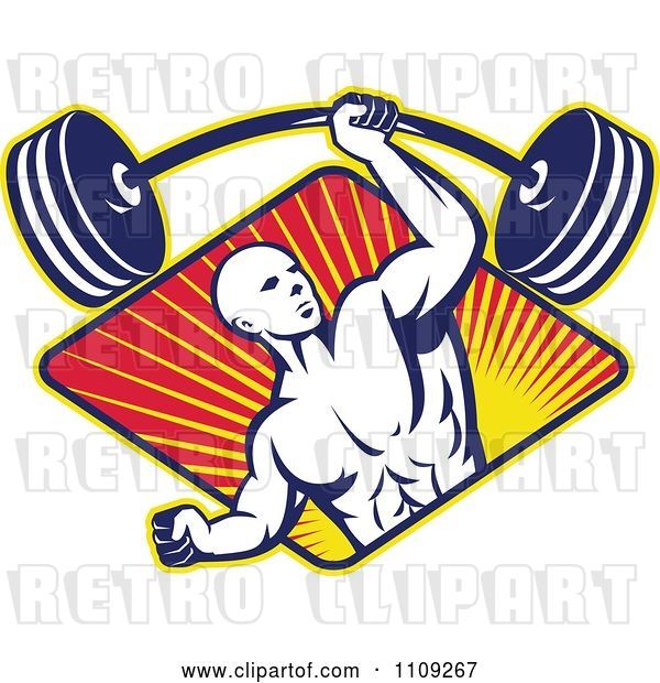 Vector Clip Art of Retro Bodybuilder Lifting a Barbell with One Hand over a Diamond of Rays