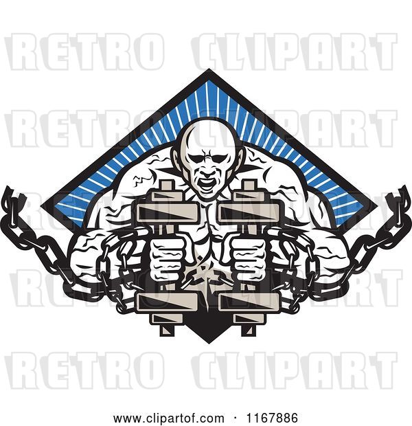 Vector Clip Art of Retro Bodybuilder with Chains and Dumbbells over a Blue Ray Diamond