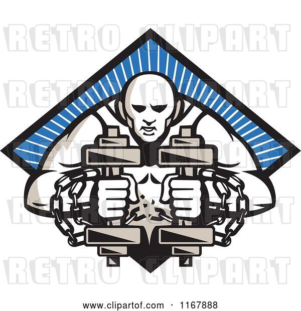 Vector Clip Art of Retro Bodybuilder with Chains, Holding Dumbbells over a Blue Ray Diamond
