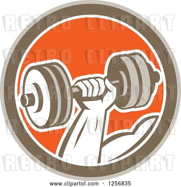 Vector Clip Art of Retro Bodybuilder's Hand Lifting a Dumbbell in a Brown White and Orange Circle