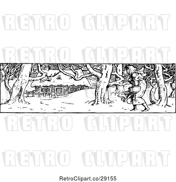 Vector Clip Art of Retro Border of Lady and Winter Cottage
