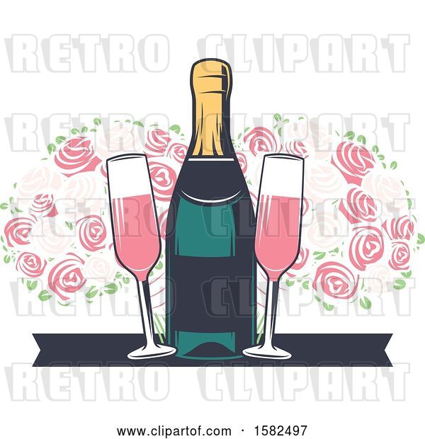 Vector Clip Art of Retro Bottle and Glasses of Pink Champagne