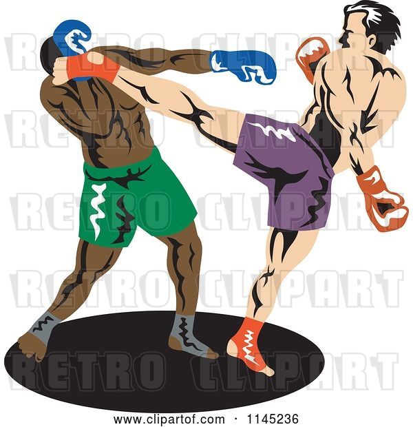 Vector Clip Art of Retro Boxer Fighter Kicking an Opponent 1