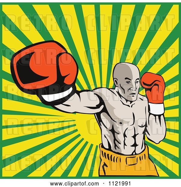 Vector Clip Art of Retro Boxer Jab Punching over Rays
