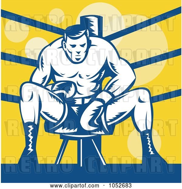 Vector Clip Art of Retro Boxer Sitting on a Stool in the Ring