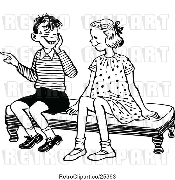 Vector Clip Art of Retro Boy and Girl Laughing on a Bench