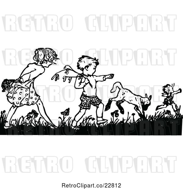 Vector Clip Art of Retro Boy and Girl Picking Flowers
