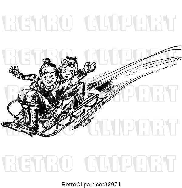 Vector Clip Art of Retro Boy and Girl Playing on a Winter Sled