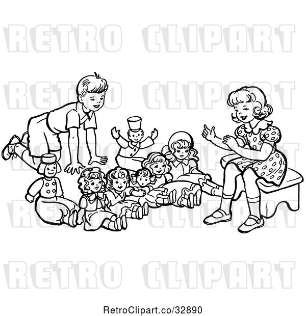 Vector Clip Art of Retro Boy and Girl Playing with Dolls in
