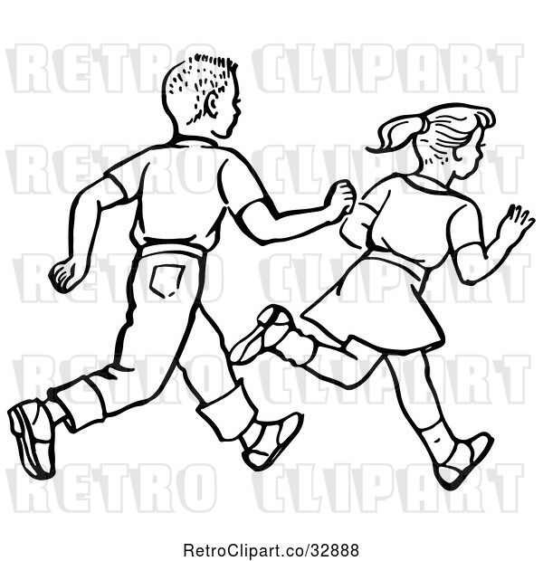 Vector Clip Art of Retro Boy and Girl Running in