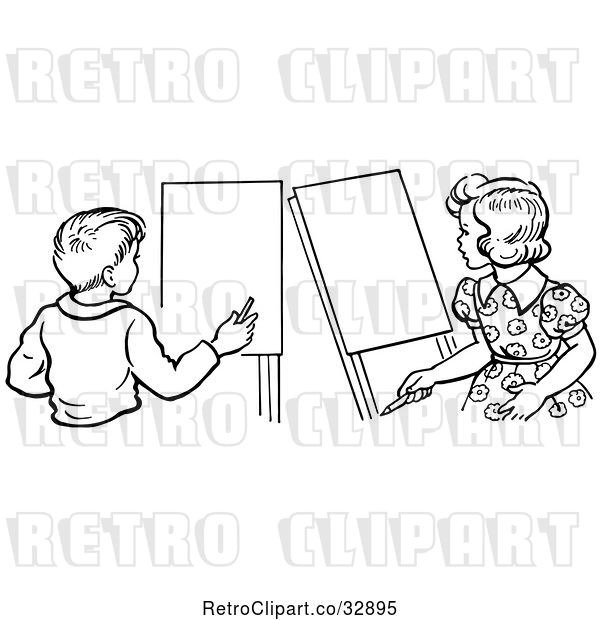 Vector Clip Art of Retro Boy and Girl with Art Easels in