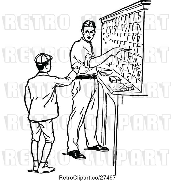 Vector Clip Art of Retro Boy and Guy in a Sorting Office