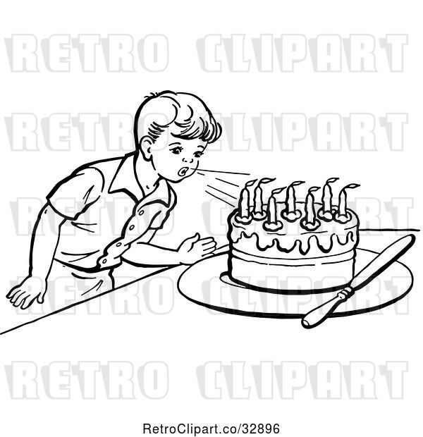 Vector Clip Art of Retro Boy Blowing out Birthday Cake Candles in
