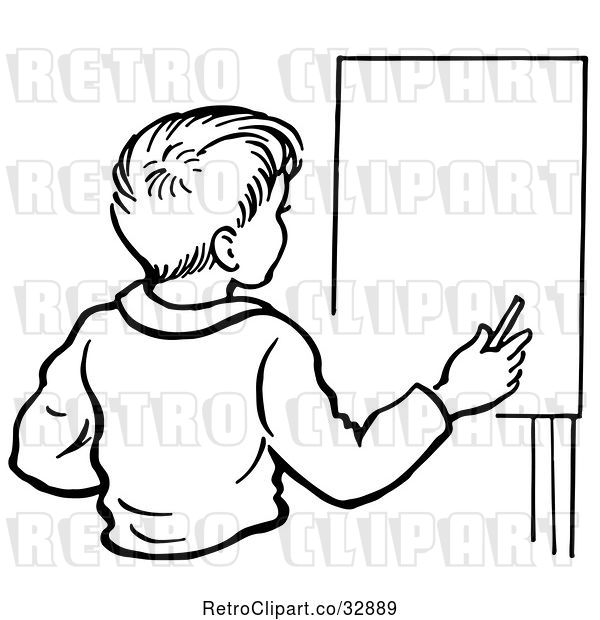 Vector Clip Art of Retro Boy by an Easel in