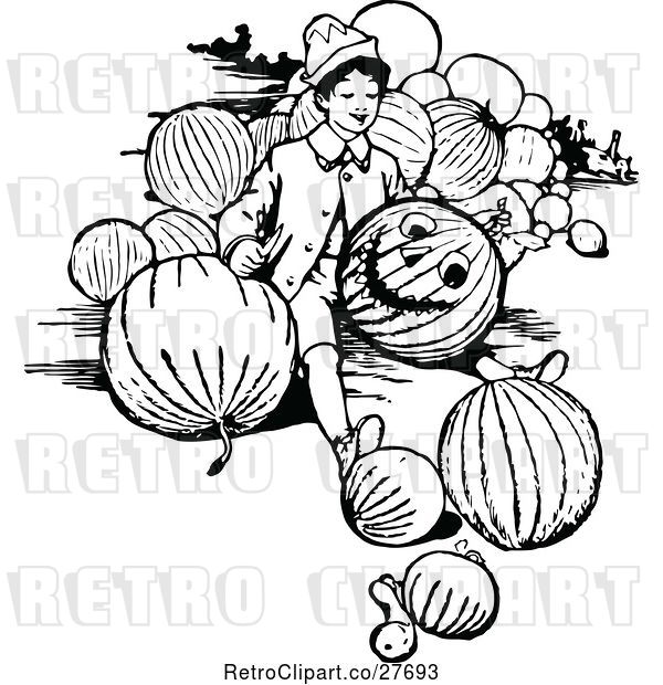 Vector Clip Art of Retro Boy Carving a Pumpkin