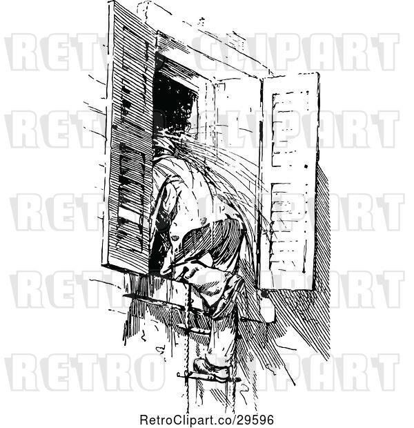 Vector Clip Art of Retro Boy Climbing in a Window