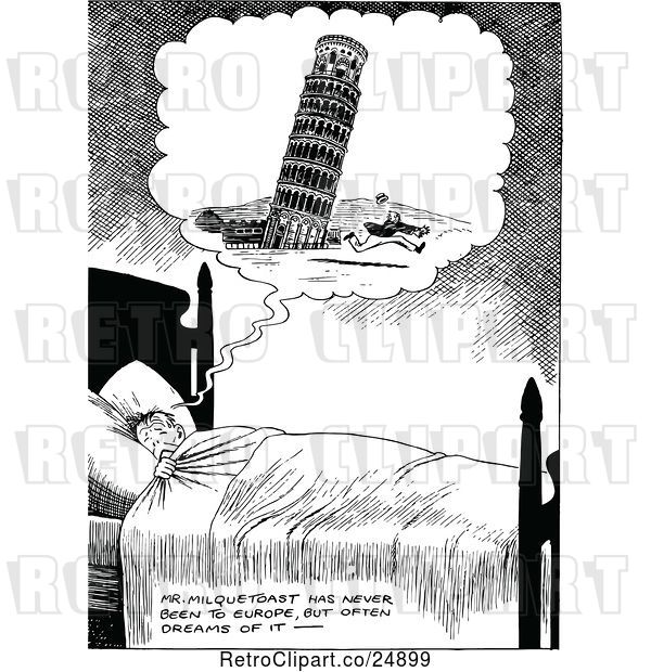 Vector Clip Art of Retro Boy Dreaming of the Tower of Pisa Falling on Him