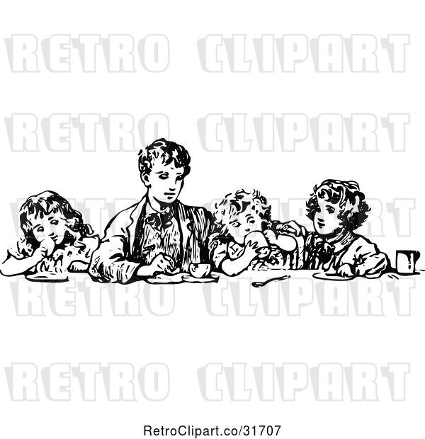 Vector Clip Art of Retro Boy Eating with His Siblings