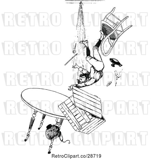 Vector Clip Art of Retro Boy Falling from a Pile of Furniture