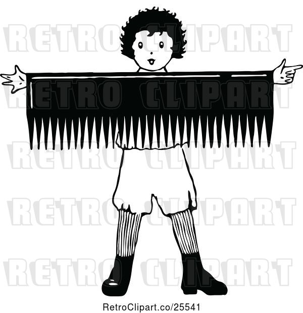 Vector Clip Art of Retro Boy Holding a Giant Comb Sign