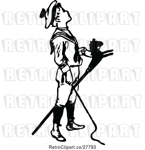 Vector Clip Art of Retro Boy in a Sailor Costume Standing with a Stick Horse