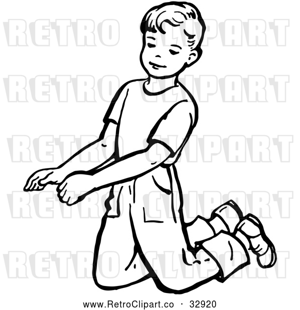 Vector Clip Art of Retro Boy Kneeling in Black and White