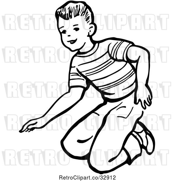 Vector Clip Art of Retro Boy Kneeling in