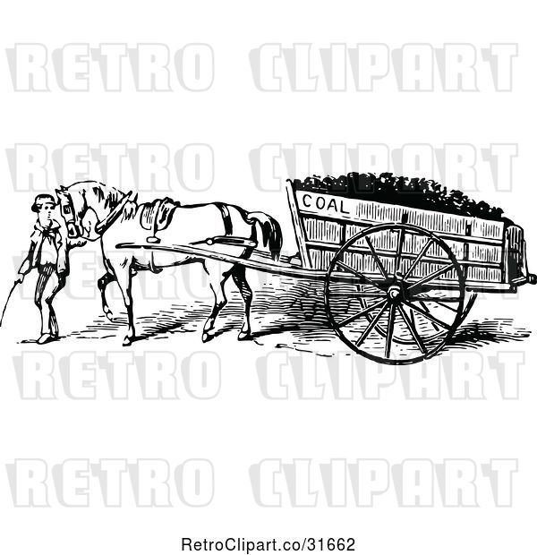 Vector Clip Art of Retro Boy Leading a Horse Pulling a Coal Cart