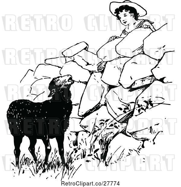 Vector Clip Art of Retro Boy Looking at a Black Sheep