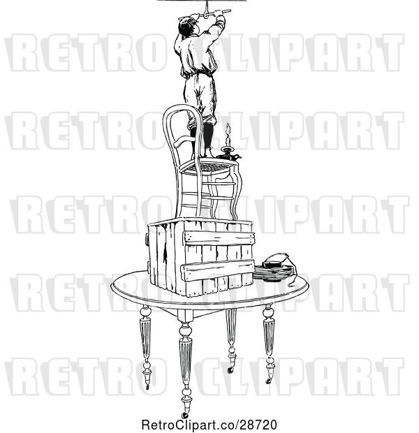 Vector Clip Art of Retro Boy on a Pile of Furniture Fixing a Light Fixture 2