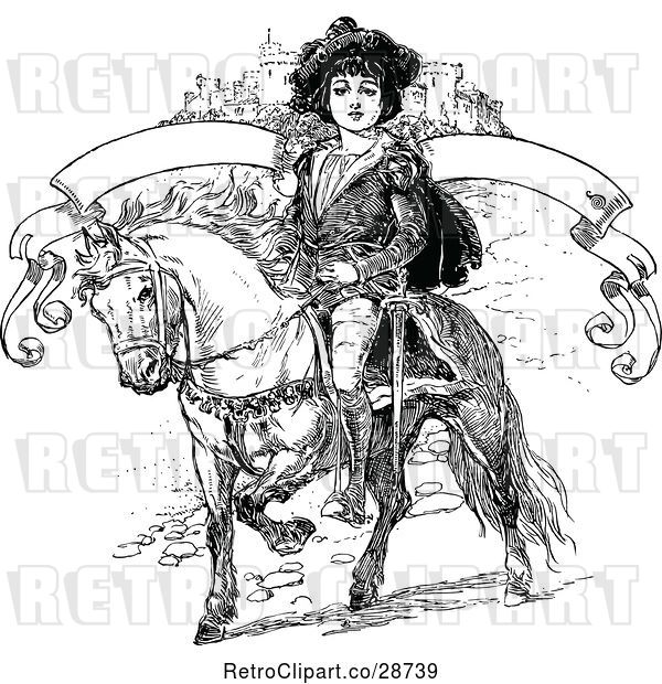 Vector Clip Art of Retro Boy on a Pony with a Castle and Banner