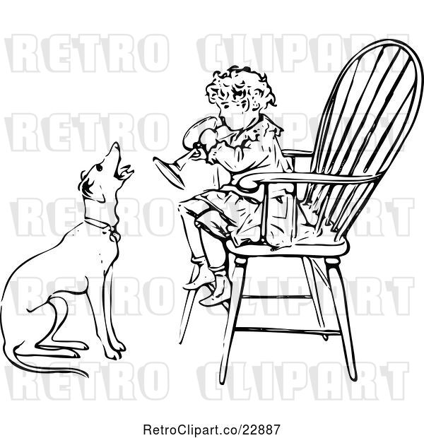 Vector Clip Art of Retro Boy Playing a Horn in a Chair As a Dog Barks Along
