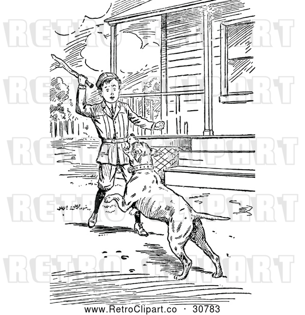Vector Clip Art of Retro Boy Playing Fetch with a Dog