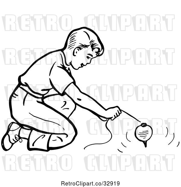Vector Clip Art of Retro Boy Playing with a Top in