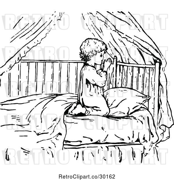 Vector Clip Art of Retro Boy Praying in Bed