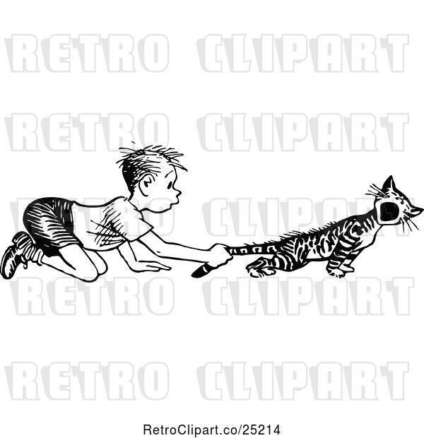 Vector Clip Art of Retro Boy Pulling a Cats Tail
