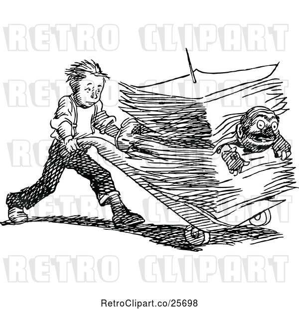 Vector Clip Art of Retro Boy Pushing a Guy in a Stack of Paperwork