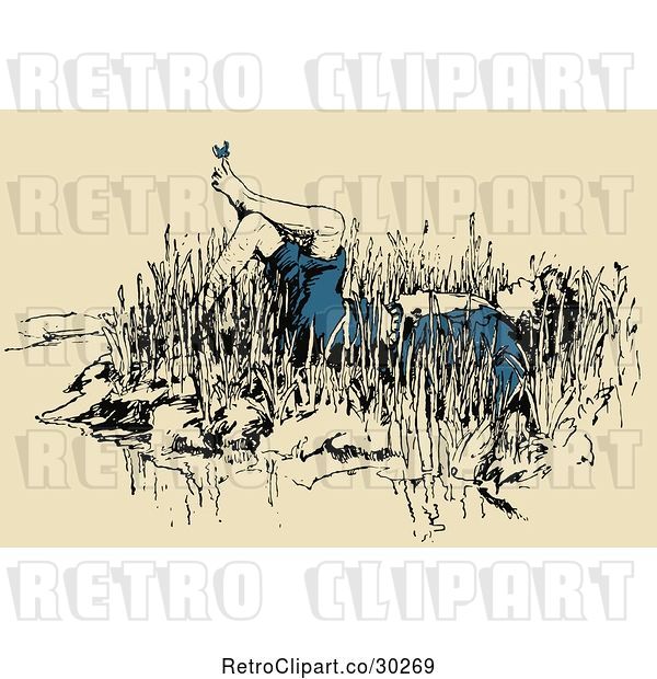 Vector Clip Art of Retro Boy Relaxing in Grass