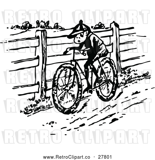 Vector Clip Art of Retro Boy Riding a Bike in the Country