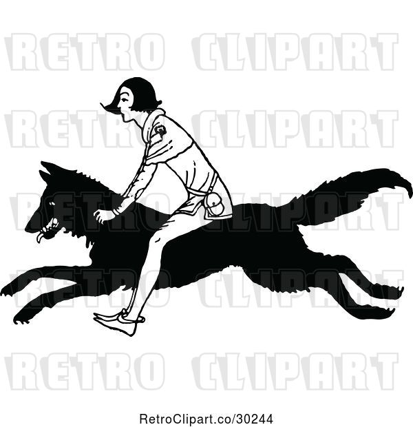 Vector Clip Art of Retro Boy Riding a Wolf