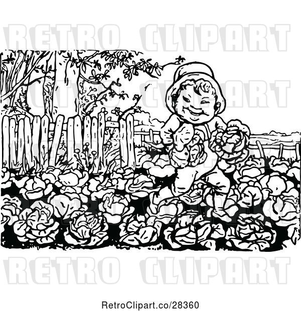 Vector Clip Art of Retro Boy Running in a Cabbage Patch