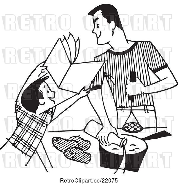 Vector Clip Art of Retro Boy Showing a Book to His Cooking Father